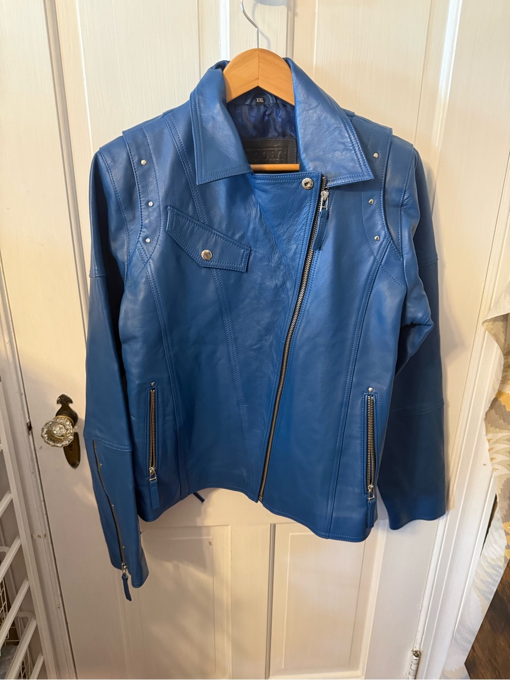 Womens Genuine Lambskin Leather Jacket Antique Blue Moto Biker.